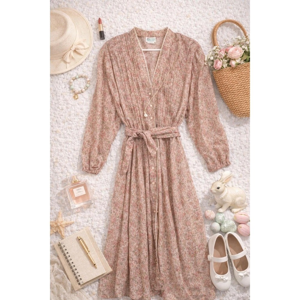 Wms Vintage 80s Floral Midi Dress 1X Pink Pleated Cottagecore Sue Brett
